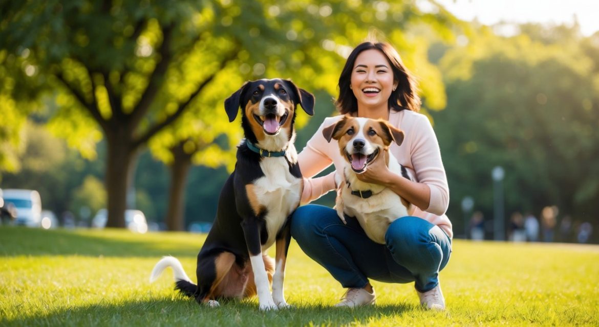 happy dogs with happy owner in park