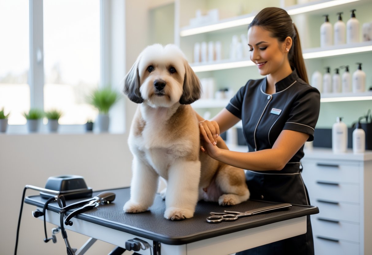 A dog sitting calmly on a grooming table while a groomer brushes its fur in a bright pet grooming salon.