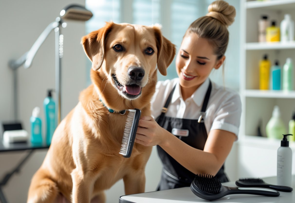 A person brushing a medium-sized dog with a shiny coat in a bright grooming salon.