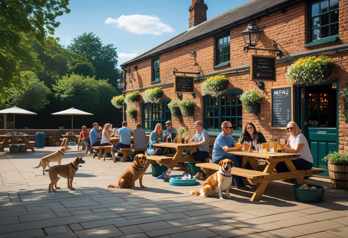 People sitting outside a pub with their dogs resting beside them on a sunny day.