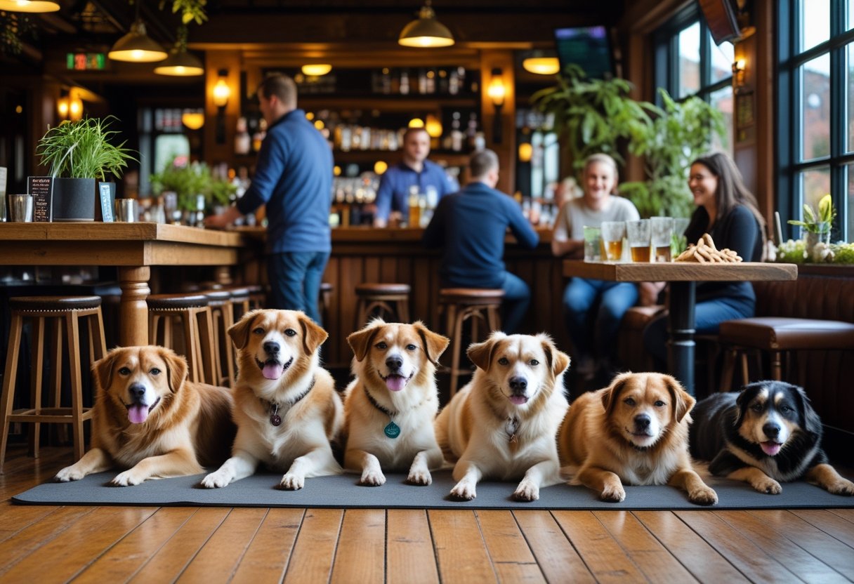 Dogs and their owners enjoying a bright, welcoming pub with water bowls and dog treats, showing a friendly and inclusive atmosphere.
