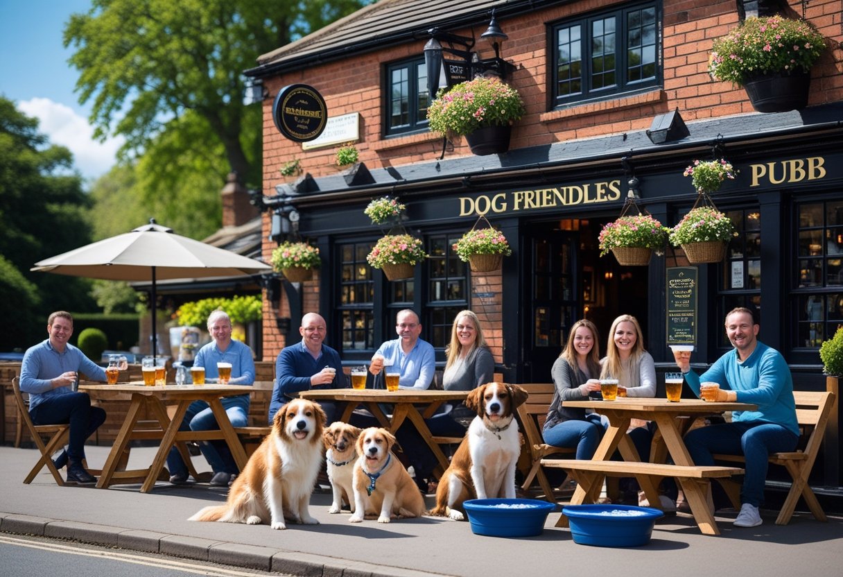People sitting outside a pub with their dogs, enjoying a sunny day together.