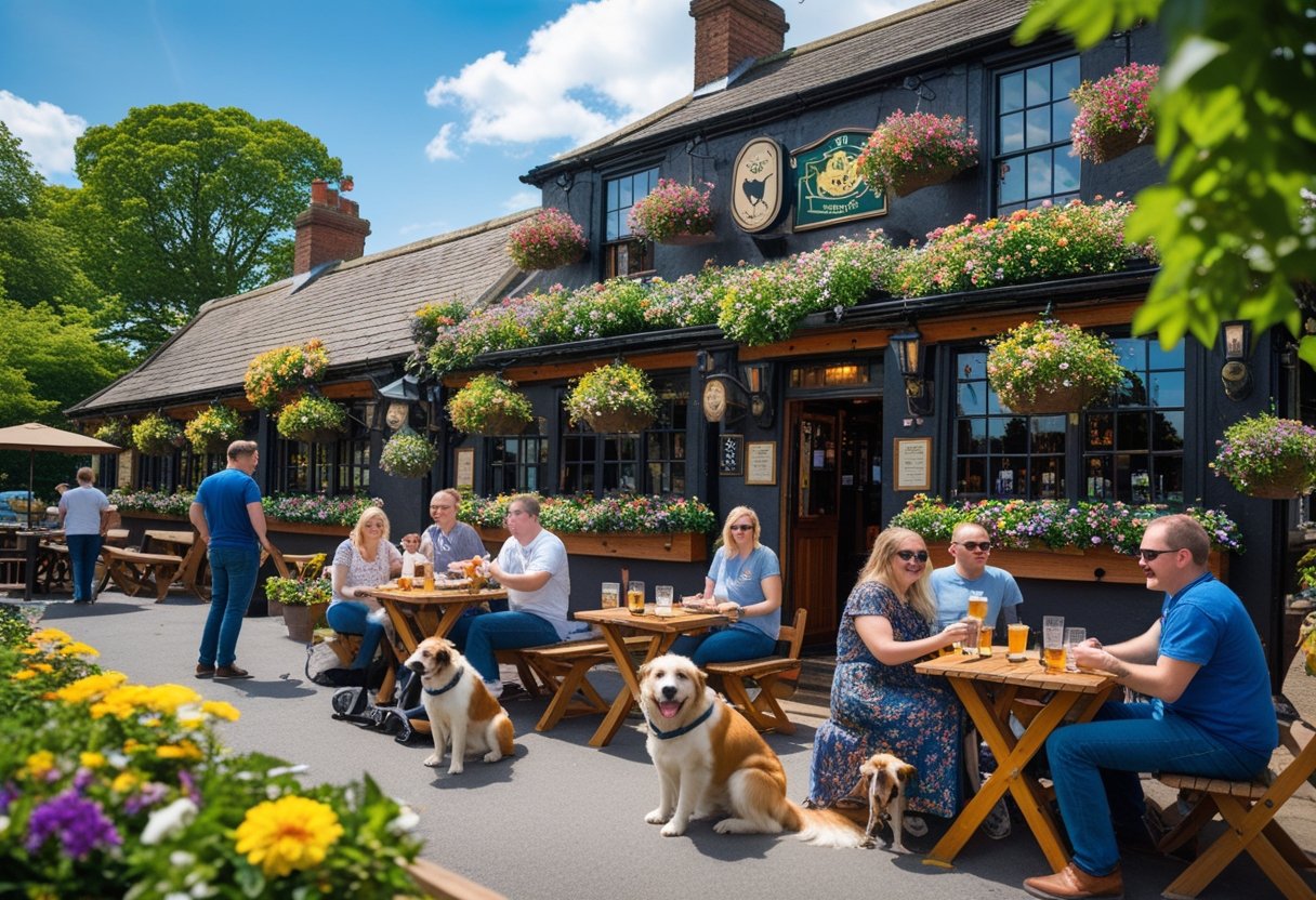 People sitting outside a pub with several dogs nearby on a sunny day