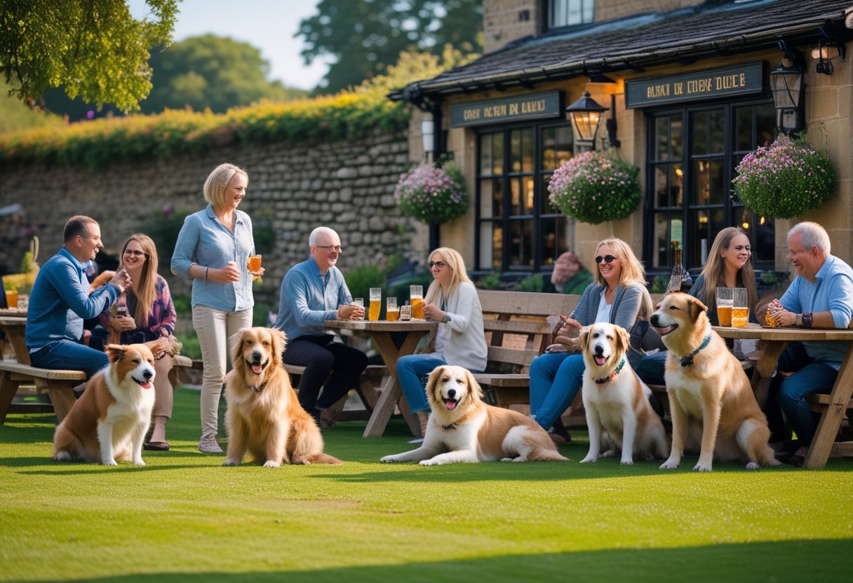 People and dogs enjoying a sunny afternoon at a traditional UK pub with outdoor seating and greenery.