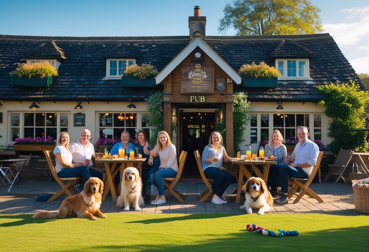 People sitting outside a countryside pub with dogs by their side on a sunny day.