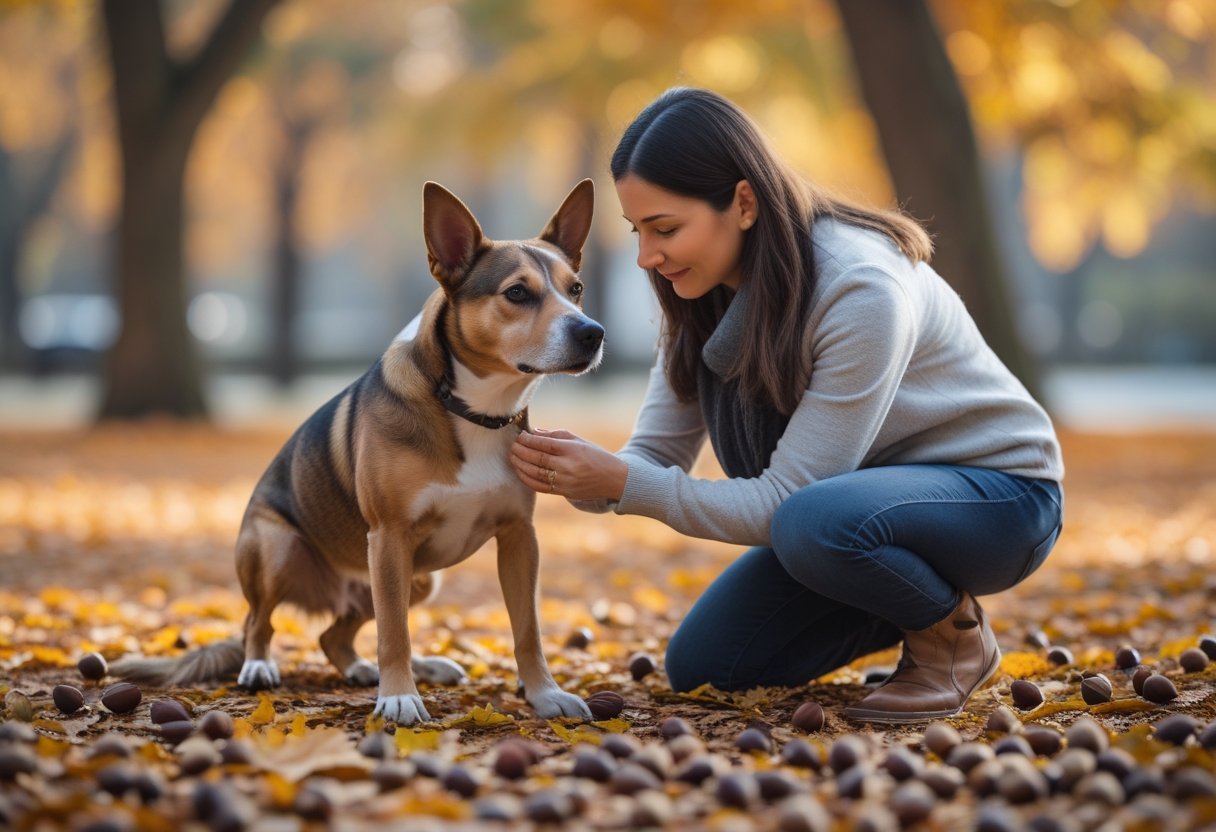 A person kneeling beside a dog in a park with autumn leaves and acorns on the ground.
