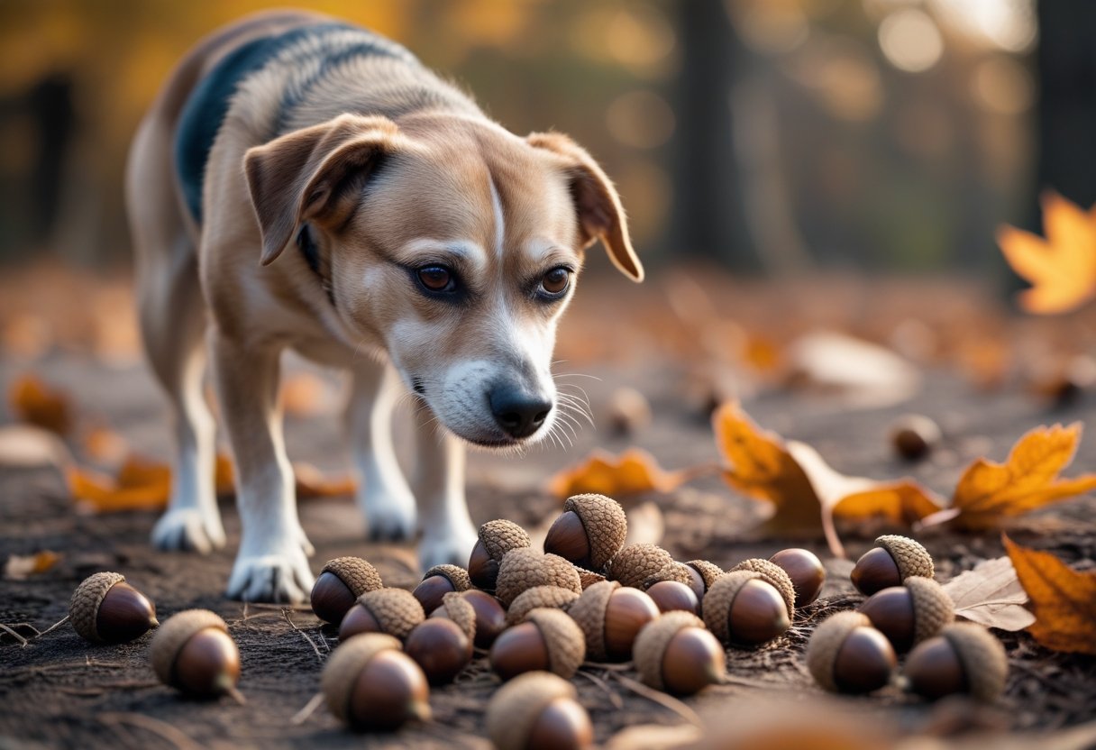 A dog sniffing acorns on the ground surrounded by autumn leaves outdoors.