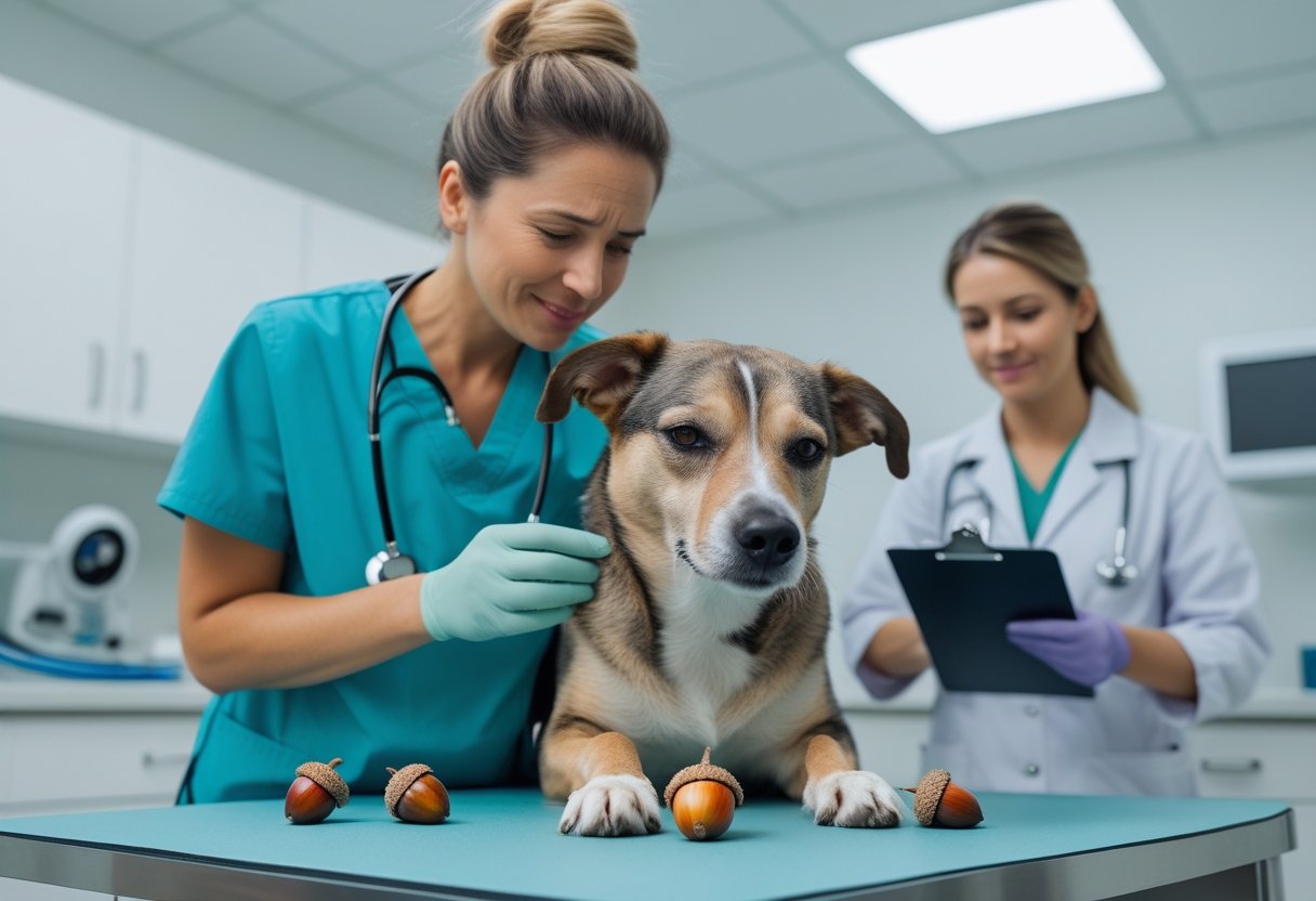 A dog owner examining their dog at a veterinary clinic with acorns on the table nearby.