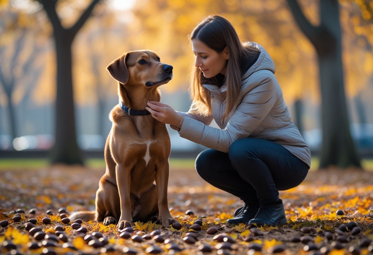 A person examining a brown dog sitting on the ground covered with acorns and autumn leaves in a park.