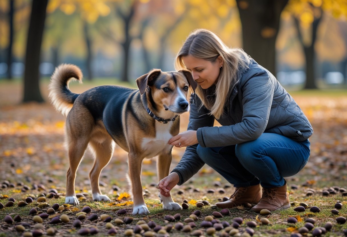 A person checking a dog’s paws outdoors in a park with acorns and autumn leaves on the ground.