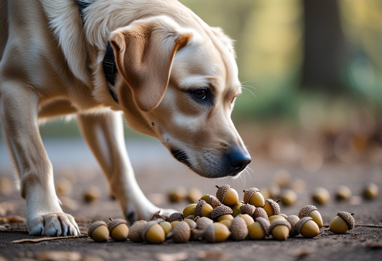 A medium-sized dog sniffing a small pile of acorns on the ground in a natural outdoor setting.