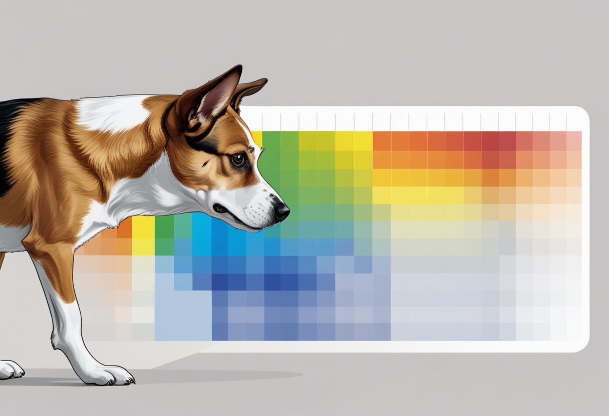 A dog looking at a colour spectrum showing the blues and yellows it can see clearly, while reds and greens appear muted.