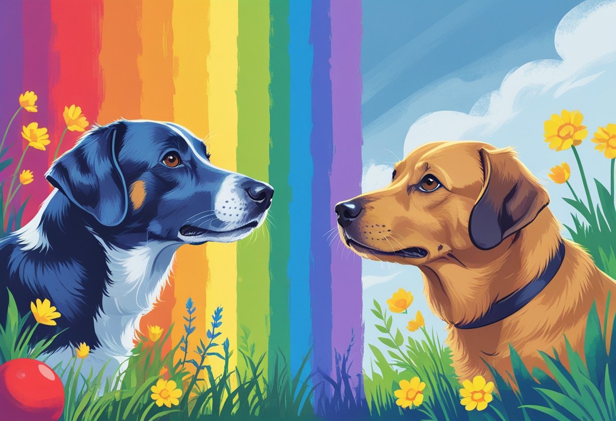 A dog looking at a split scene showing bright colours on one side and muted blue and yellow tones on the other, illustrating how dogs see colours.