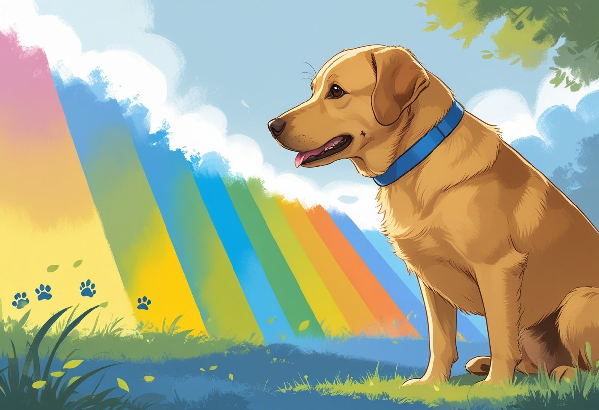 A dog looking at a range of colours, mainly blues and yellows, with reds and greens appearing faded.