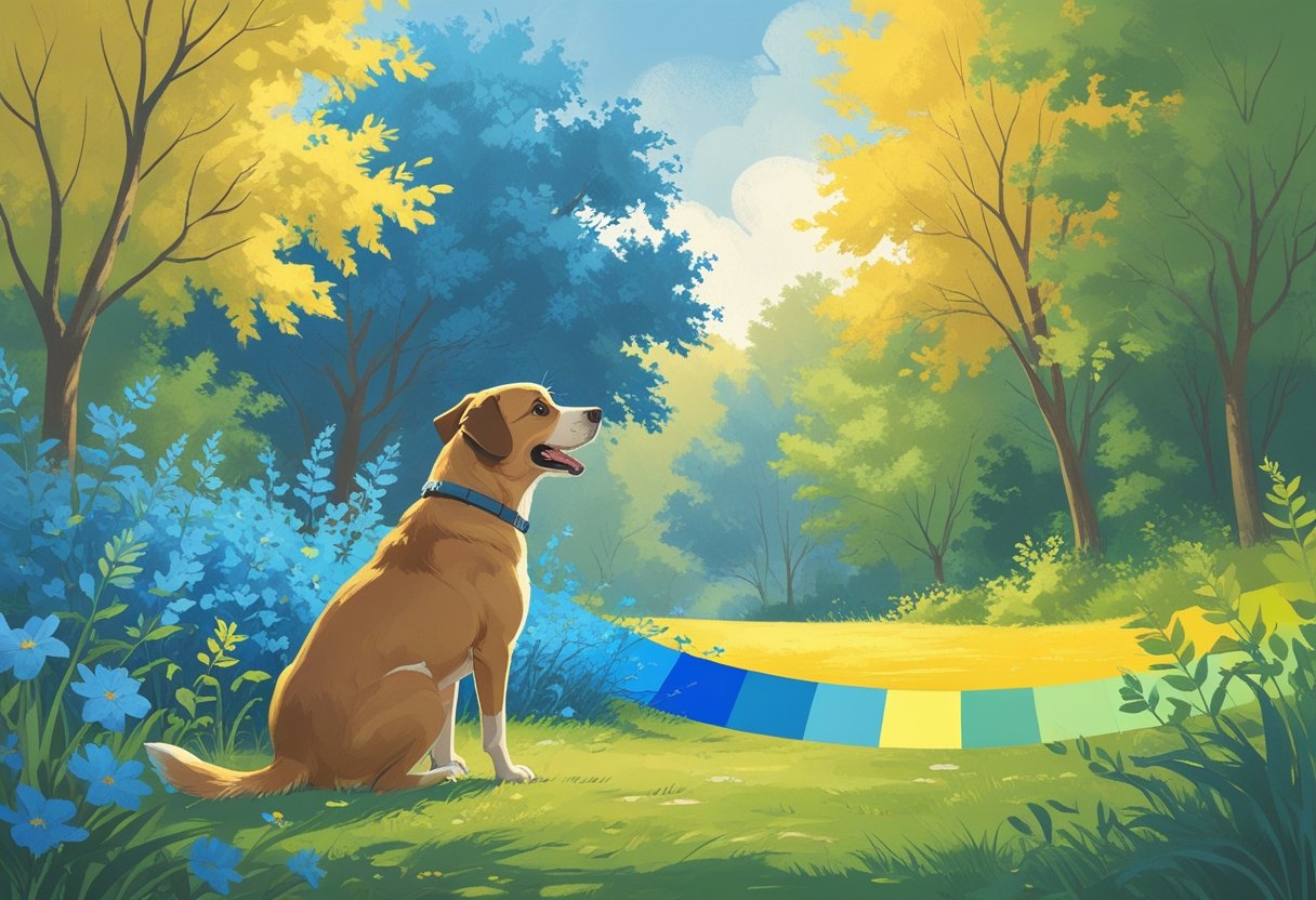 A dog looking at a park with blue flowers, yellow leaves, and green grass shown in muted colours to represent how dogs see colours.