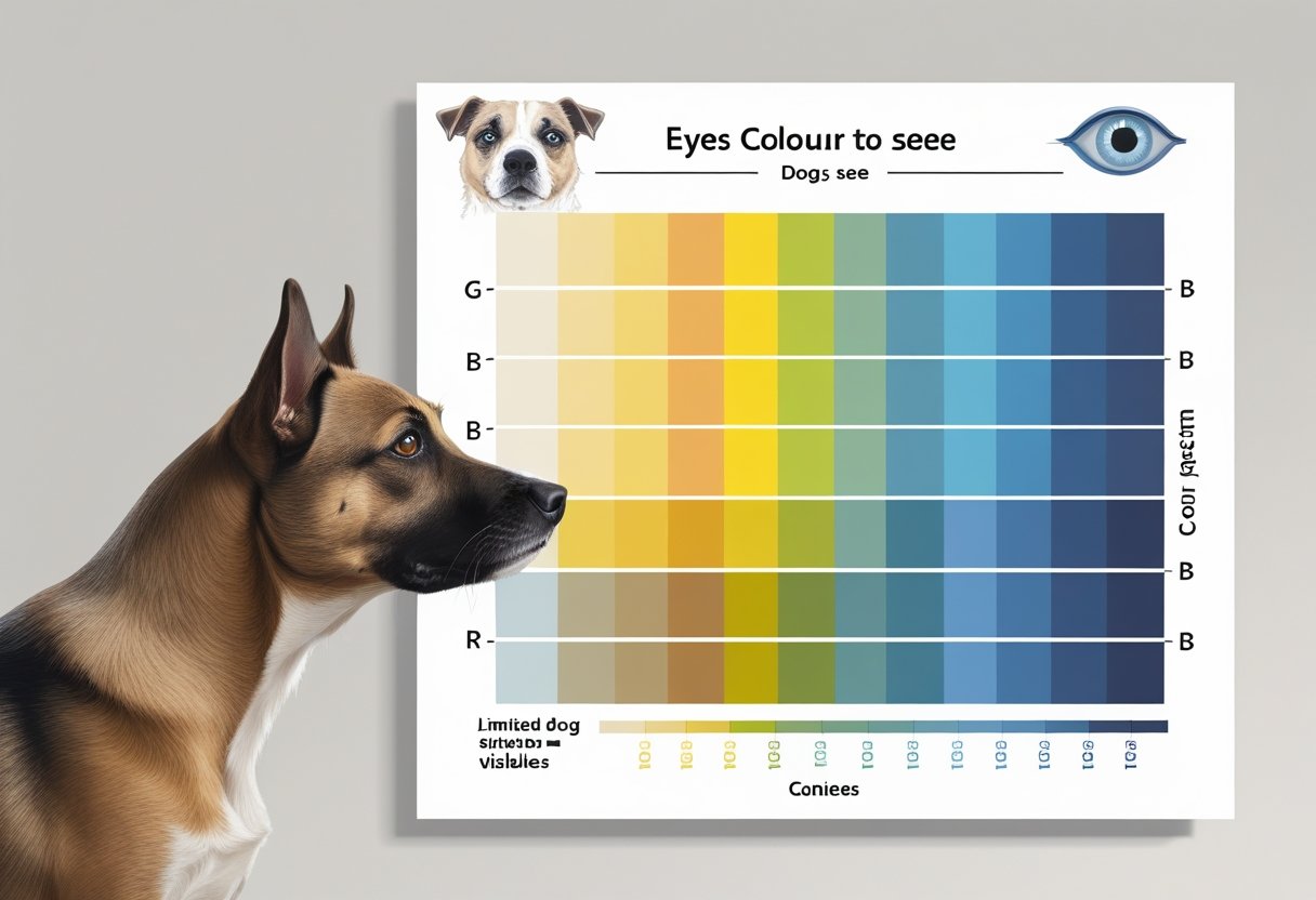 A dog looking at a colour spectrum chart showing the colours dogs can see, with detailed illustrations of a dog's eye anatomy in the background.