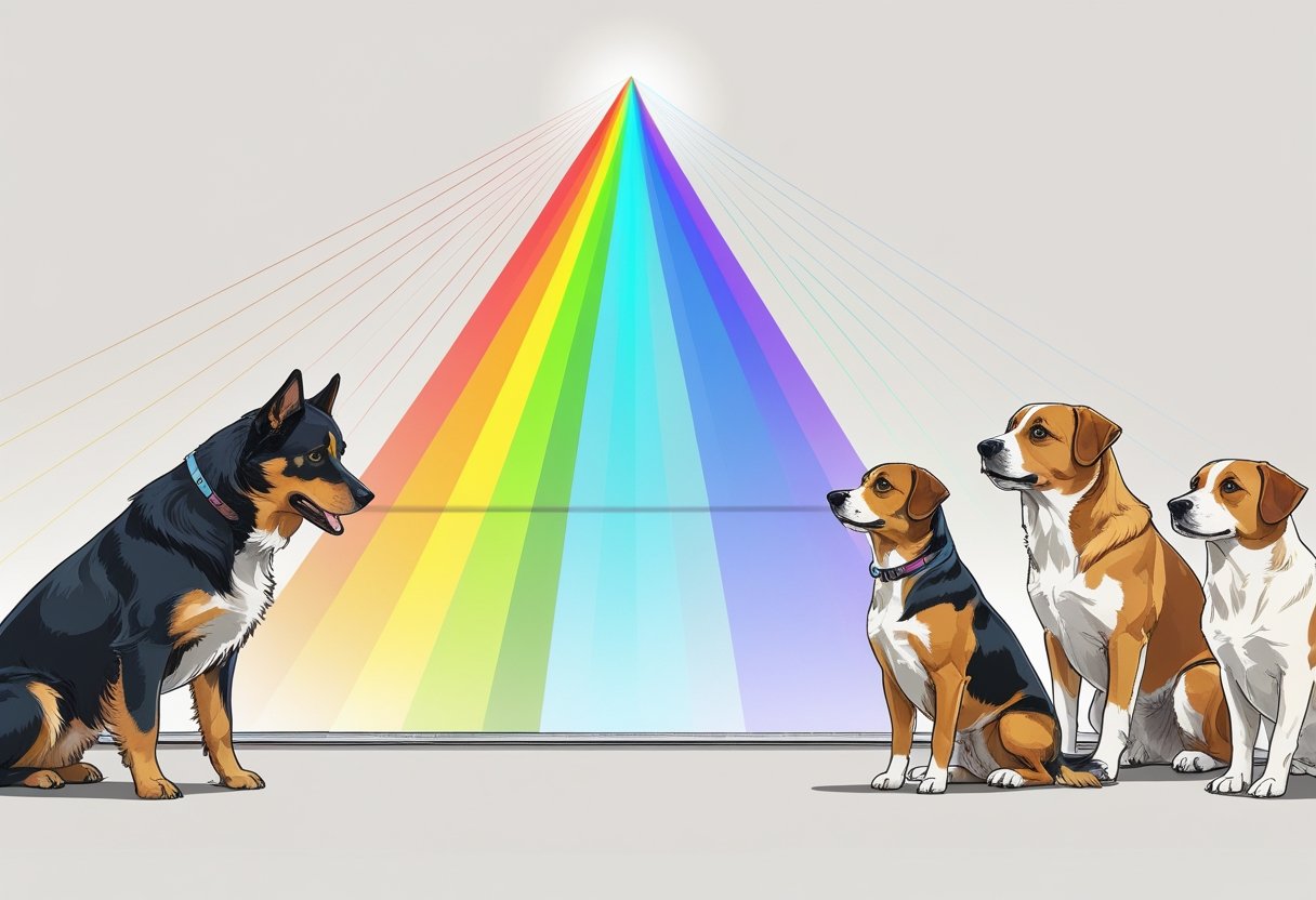 Several dogs looking at a light spectrum showing the limited range of colours they can see, mainly blues and yellows, with a prism and a simple eye diagram in the background.
