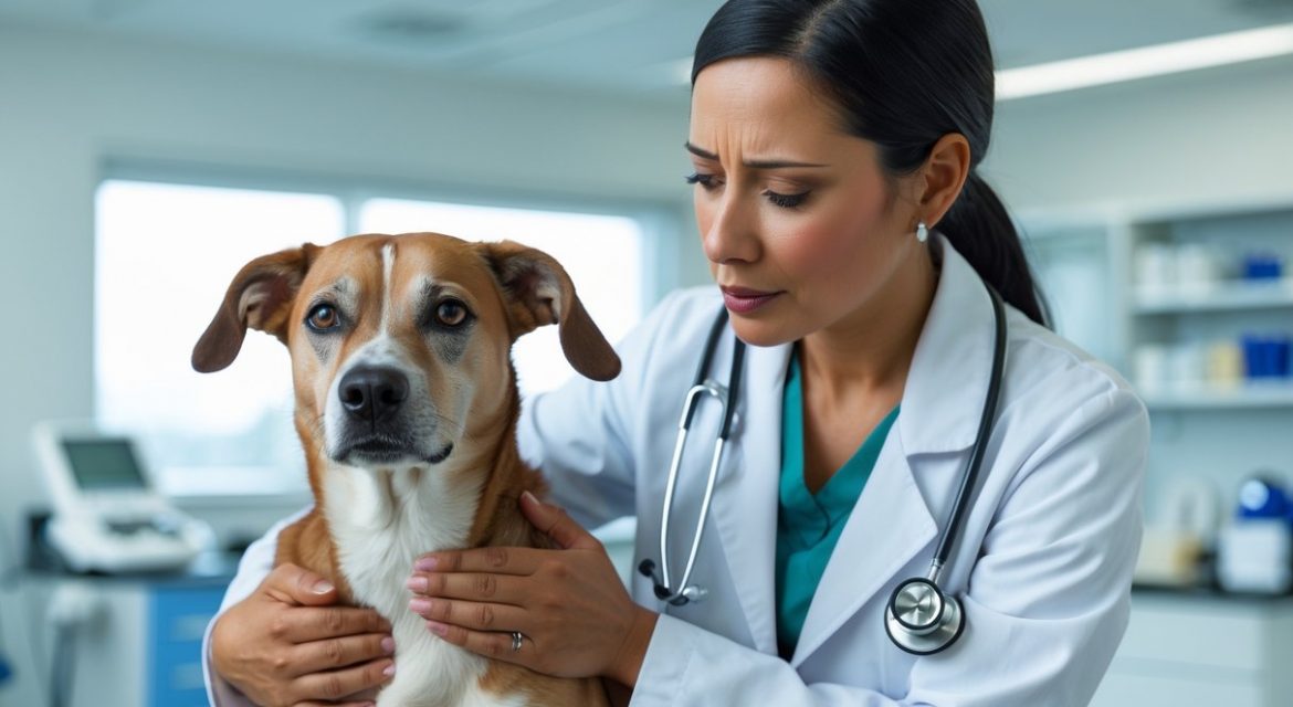 A veterinarian gently examining a medium-sized dog in a veterinary clinic.