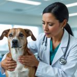 A veterinarian gently examining a medium-sized dog in a veterinary clinic.