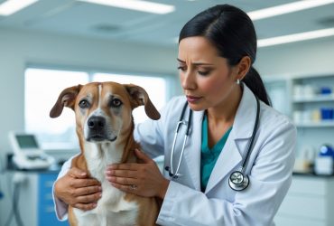 A veterinarian gently examining a medium-sized dog in a veterinary clinic.
