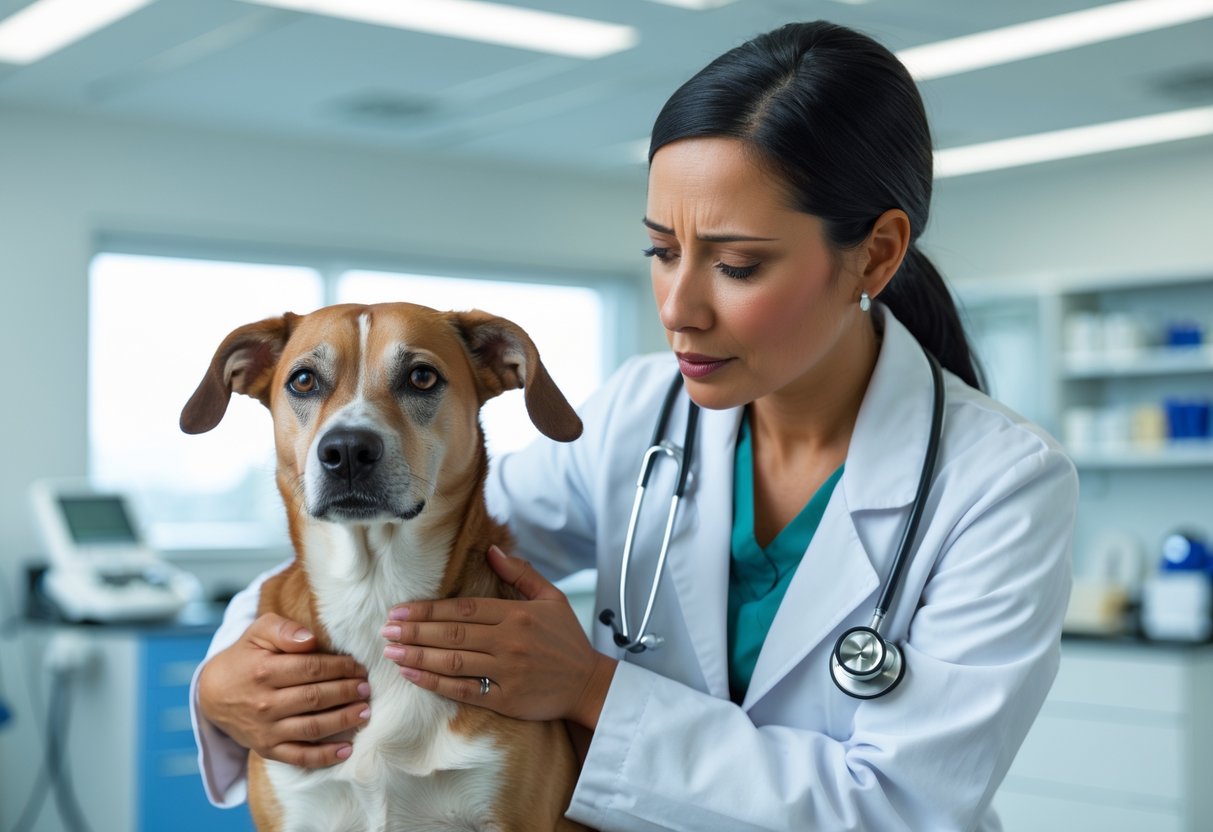 A veterinarian gently examining a medium-sized dog in a veterinary clinic.
