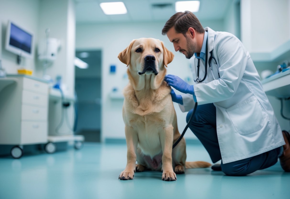 A dog being gently examined on the throat by a veterinarian in a bright veterinary clinic.