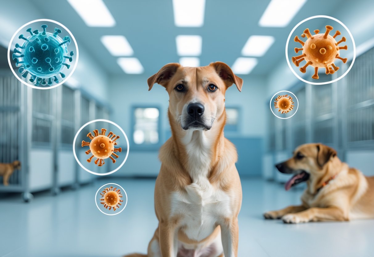 A dog in a veterinary clinic with visual symbols of bacteria, viruses, and another coughing dog nearby, illustrating causes of kennel cough.