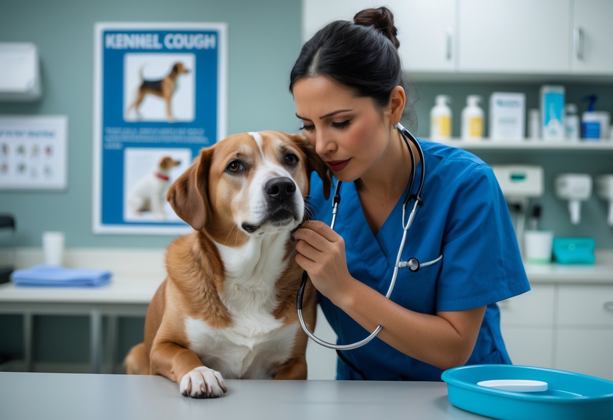 A veterinarian examining a medium-sized dog showing signs of kennel cough in a veterinary clinic.