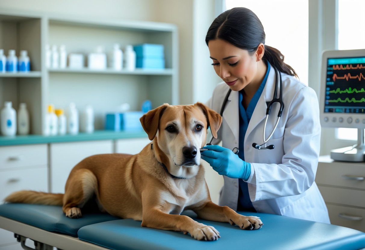 A veterinarian examines a calm dog on an examination table in a clean veterinary clinic.