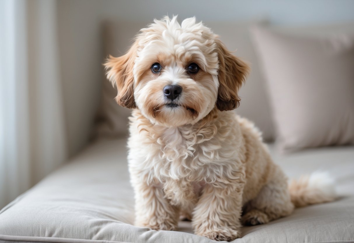 A Maltipoo dog with a fluffy cream and light brown coat sitting indoors on a soft surface, looking directly at the camera.