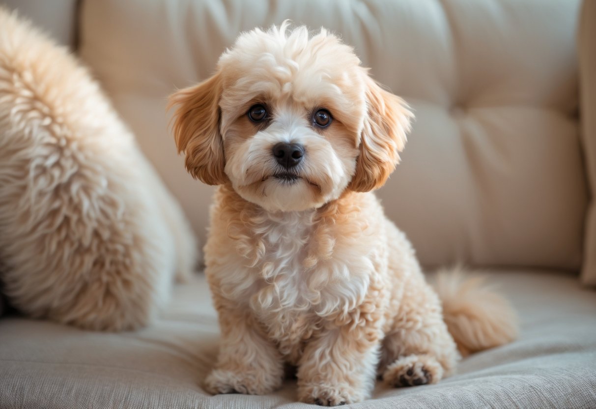A small Maltipoo dog with a fluffy cream and apricot coat sitting and looking forward.
