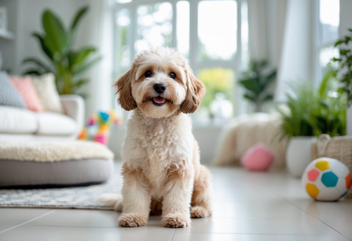 A Maltipoo dog sitting attentively in a bright living room with natural light, surrounded by a dog bed and toys.