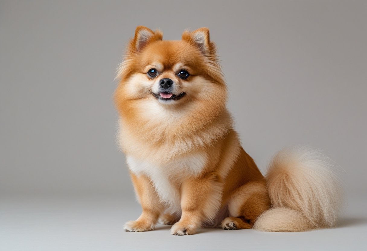 A fluffy Pomeranian dog sitting and looking forward on a plain background.
