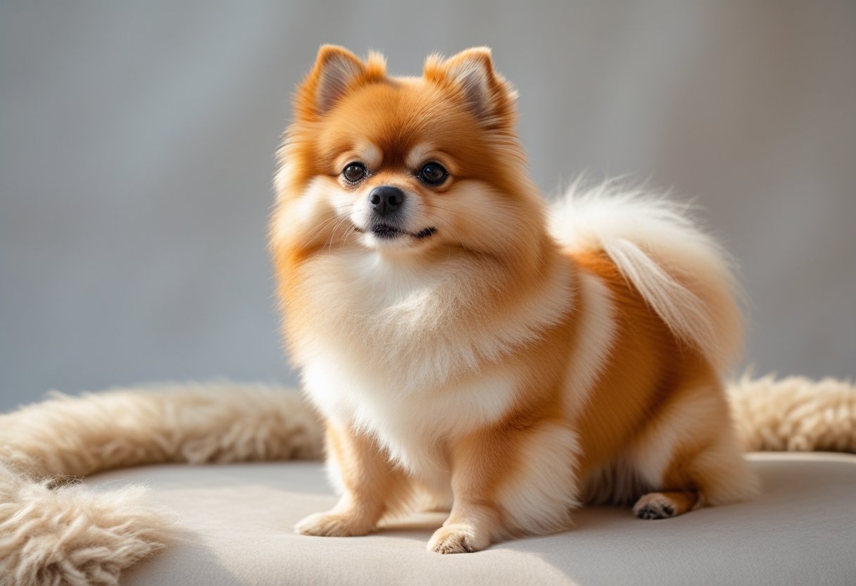 A fluffy Pomeranian dog sitting on a soft surface looking alert and friendly.