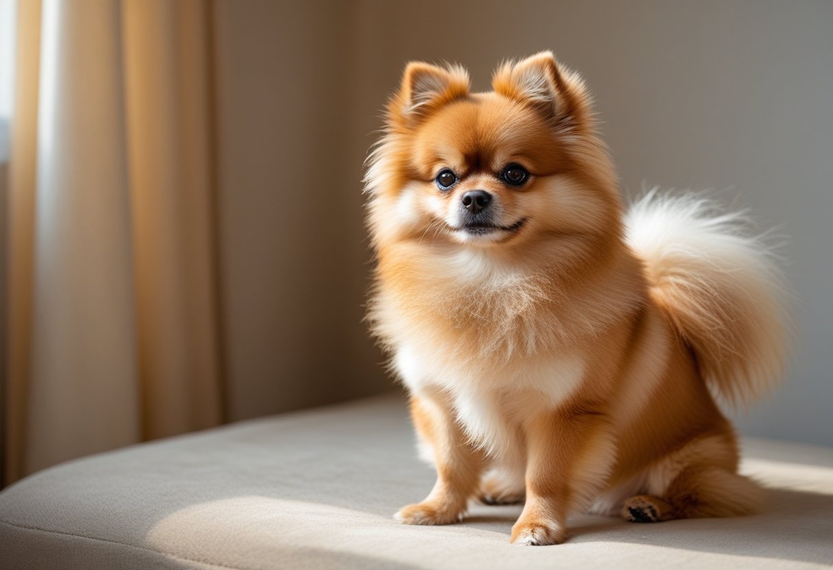 A fluffy Pomeranian dog sitting attentively on a soft surface with a blurred background.