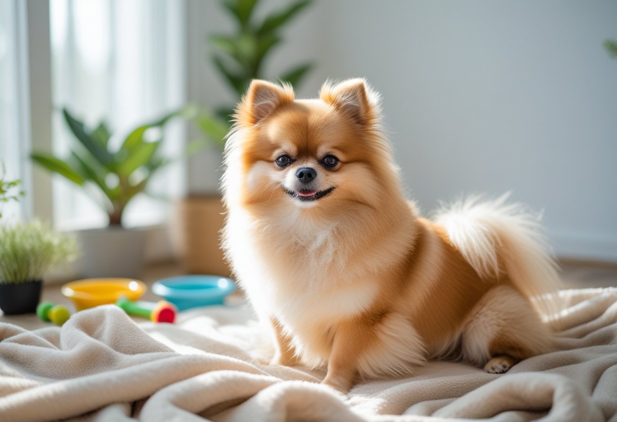 A fluffy Pomeranian dog sitting on a light blanket in a bright room with a plant and dog toys nearby.
