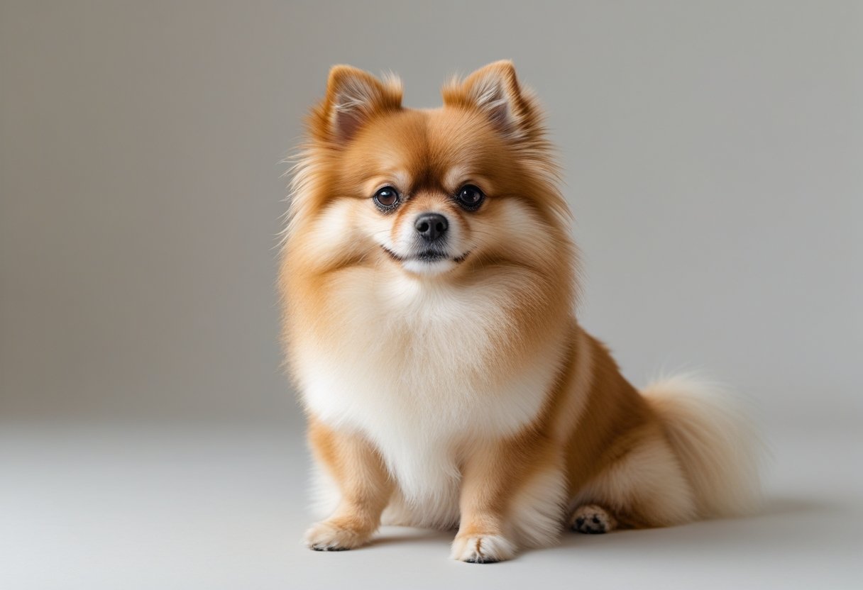 A fluffy Pomeranian dog sitting attentively on a plain background, looking curious and friendly.