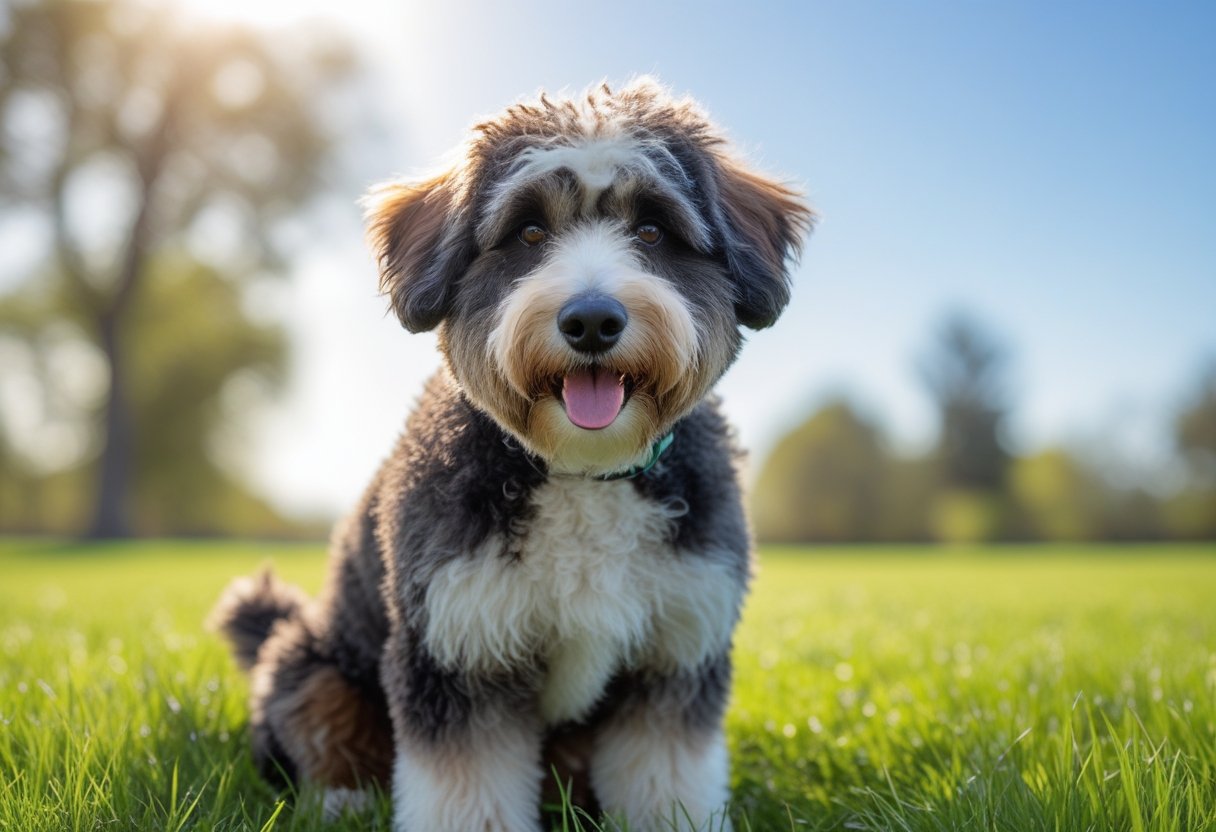 A Bernedoodle dog sitting on green grass outdoors, looking at the camera with a happy expression.