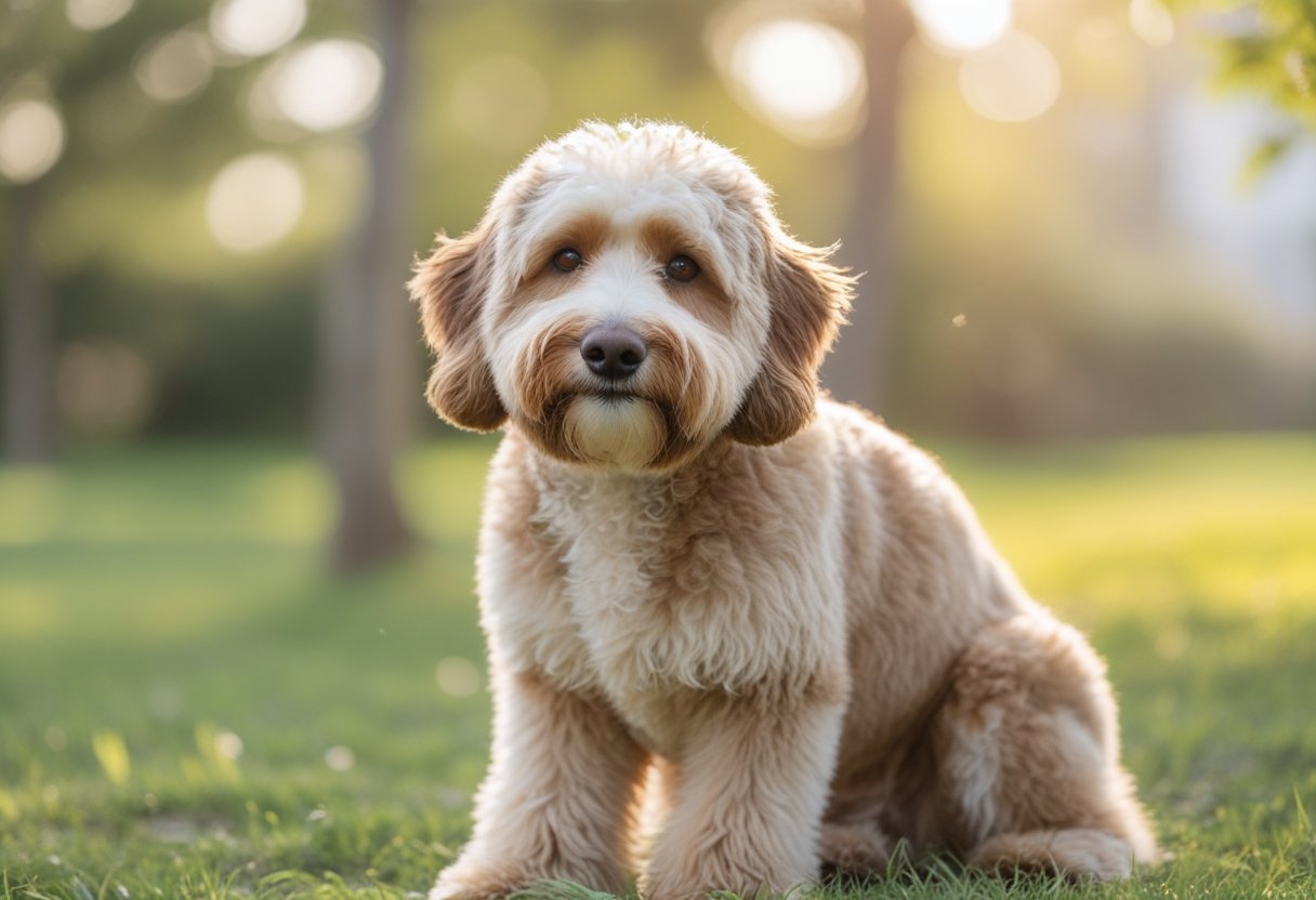 A Bernedoodle dog sitting calmly outdoors on grass with a gentle and friendly expression.