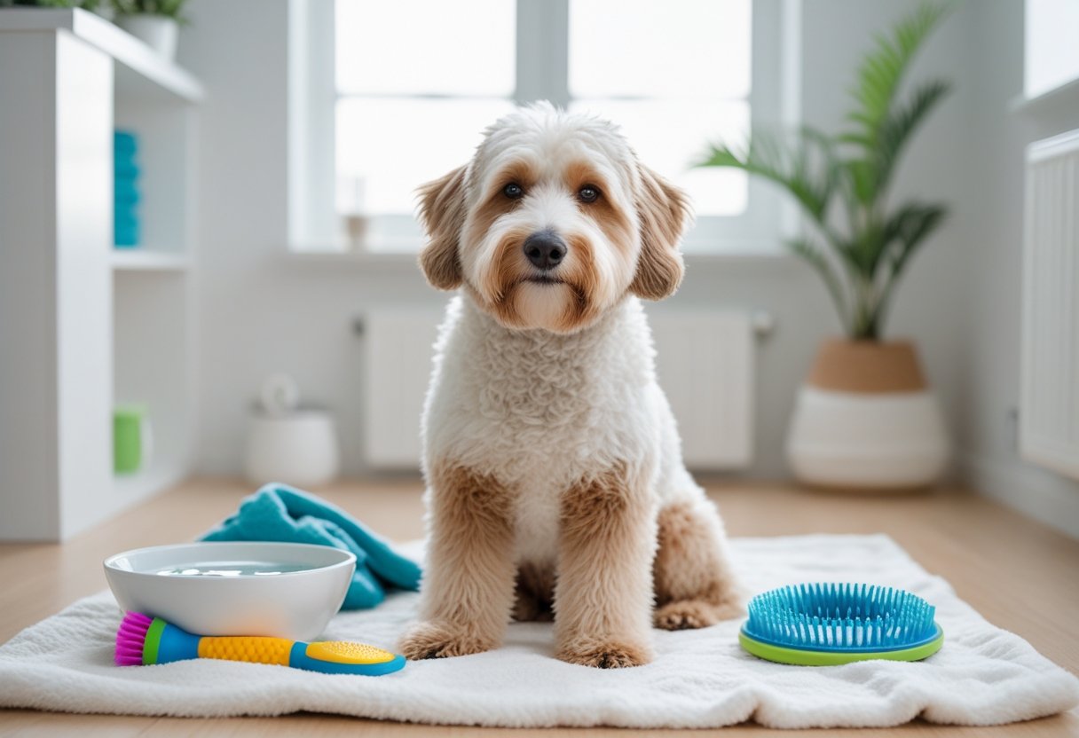 A Bernedoodle dog sitting on a white blanket indoors next to pet care items like a water bowl and grooming brush.