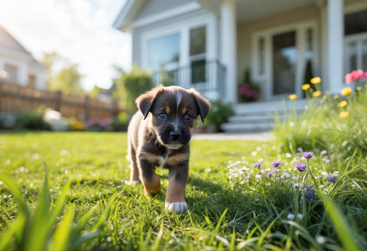 A young puppy stepping onto grass outside a house on a sunny day.