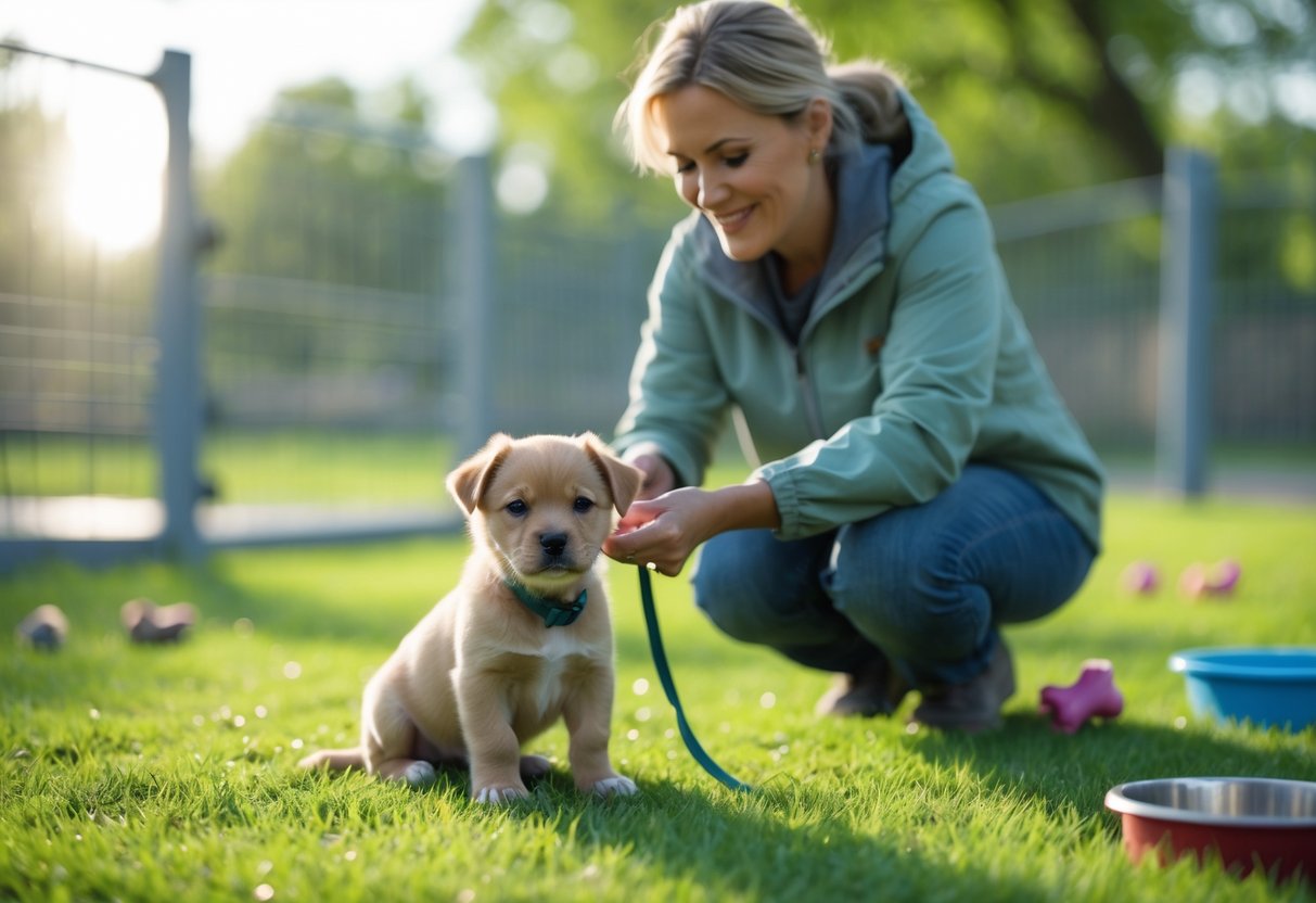 A young puppy sitting on grass outdoors with an adult gently holding its collar in a safe park area.