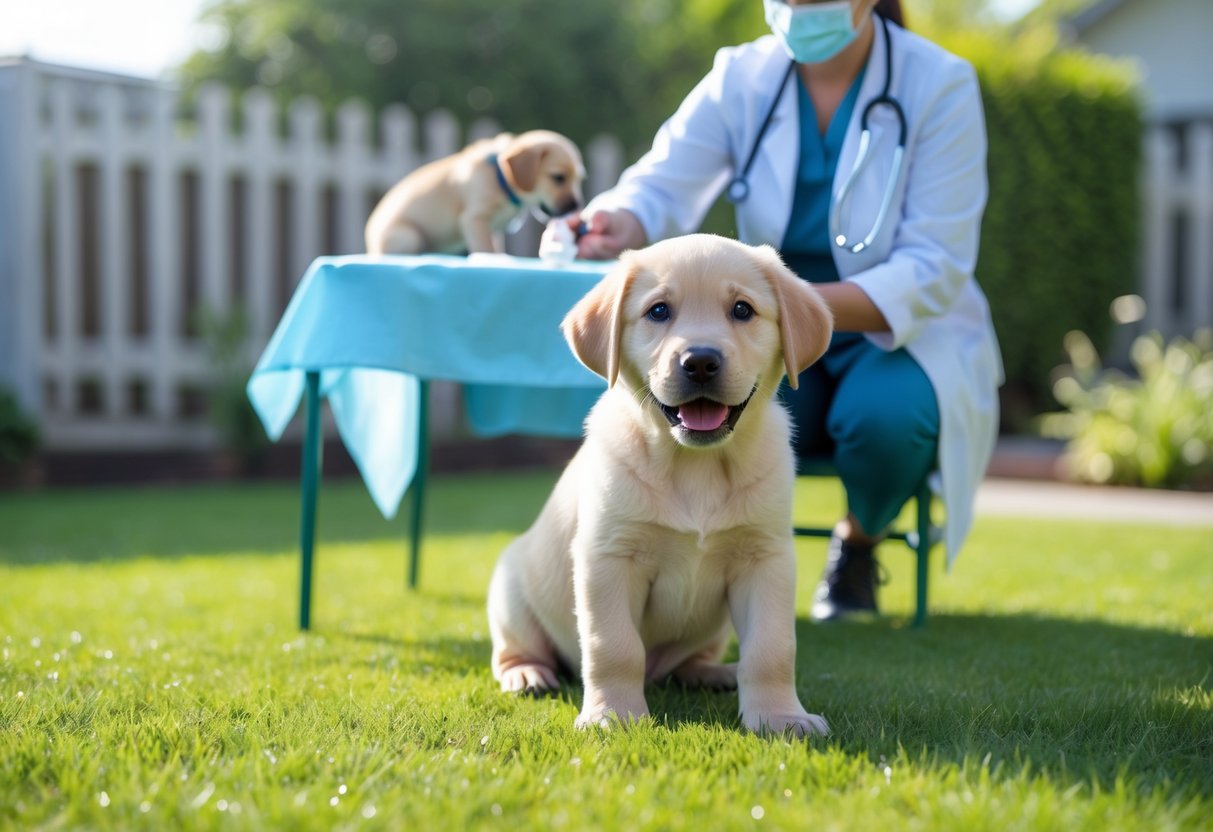 A young Labrador puppy sitting on grass outdoors while a veterinarian prepares a vaccination nearby.