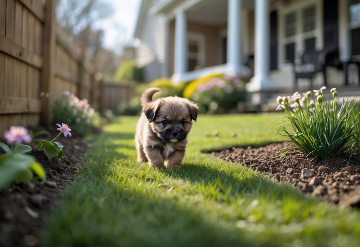 A small puppy exploring a grassy private garden with a wooden fence and a house in the background on a sunny day.