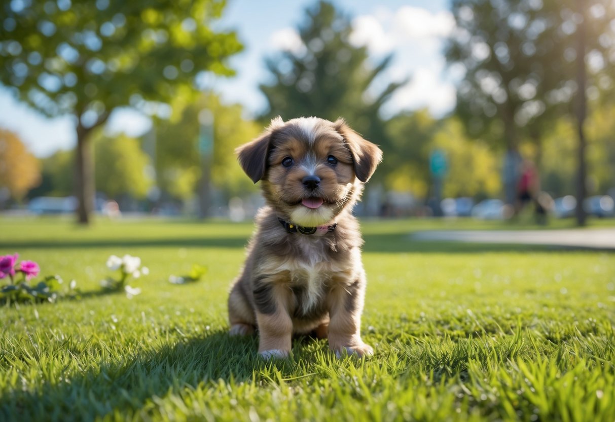 A small puppy sitting on green grass in a clean, quiet public park with trees and flowers around.