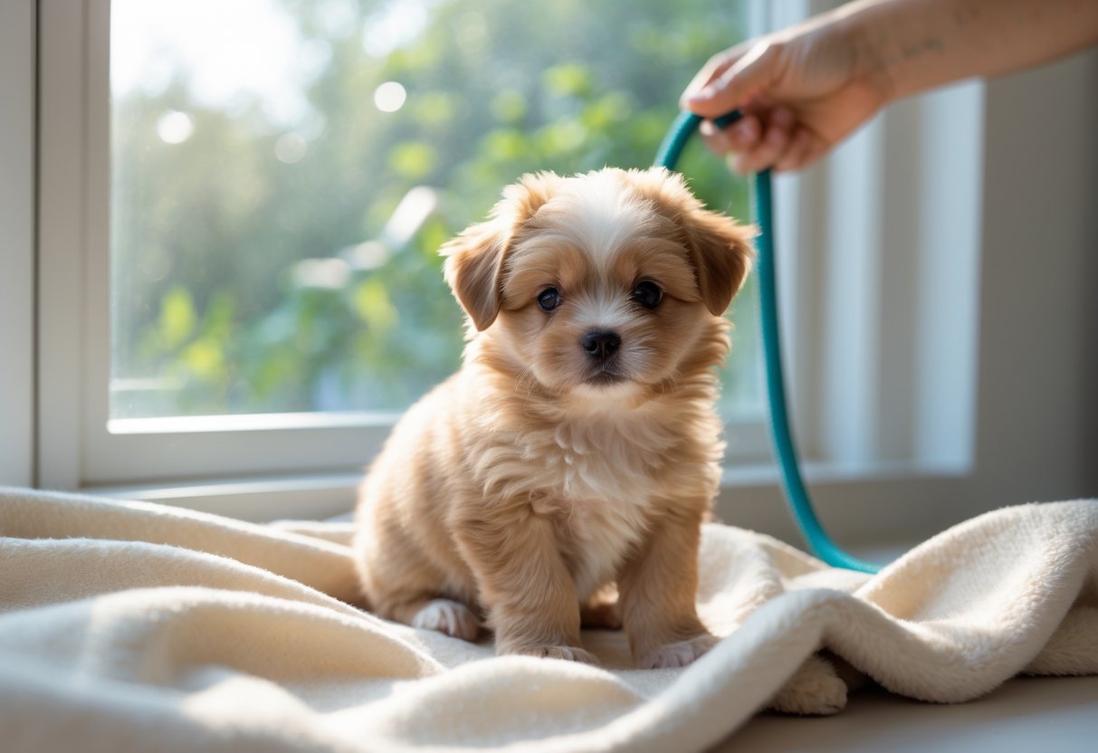 A small puppy sitting indoors near a sunny window with a hand holding a leash in the background.