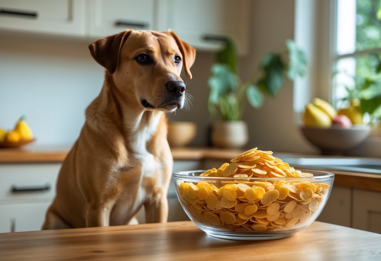 A healthy dog sitting next to a bowl of corn flakes on a kitchen table in a bright home setting.