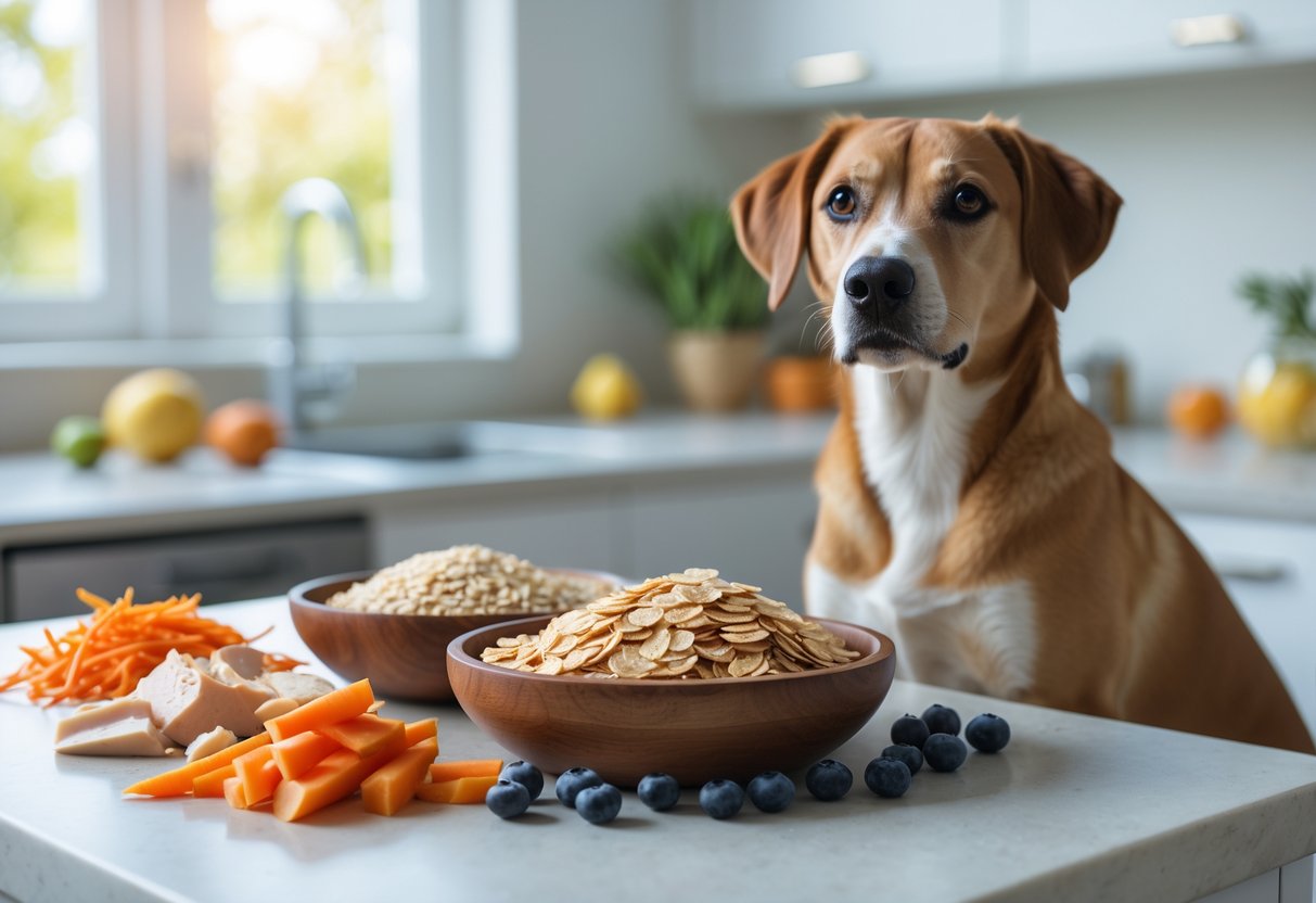A dog sitting next to a bowl of healthy breakfast foods suitable for dogs, including oats, carrots, blueberries, and chicken, in a bright kitchen.