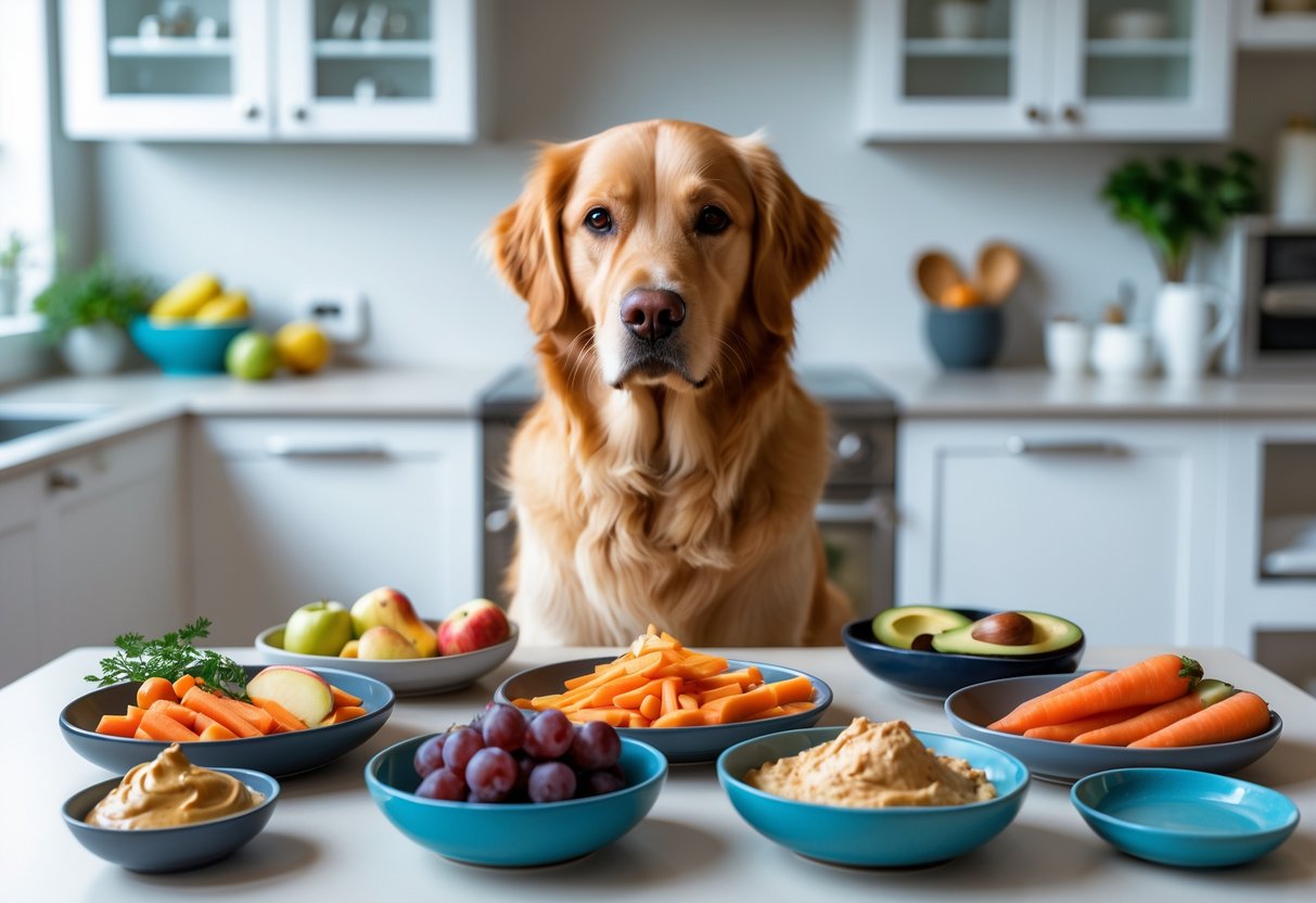 A golden retriever sitting by a kitchen table with bowls of dog-safe and harmful foods arranged in front of it.