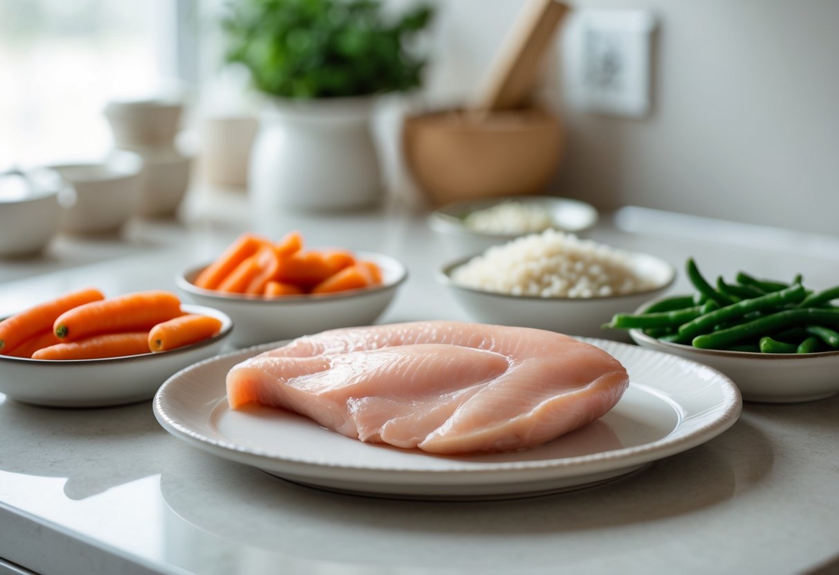 A raw lean chicken breast on a white plate surrounded by small bowls of plain cooked vegetables and rice on a kitchen countertop.